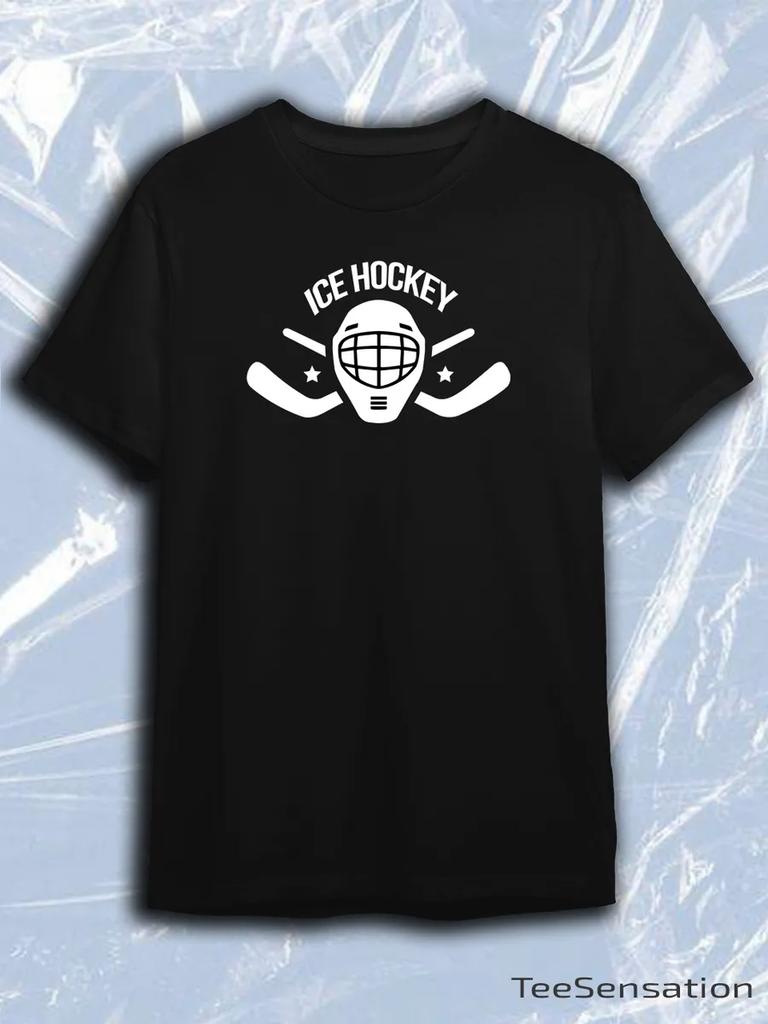 TeeSensation Black Crew Neck Short Sleeve T-Shirt with White Ice Hockey Goalie Mask Crossed Sticks Logo Print