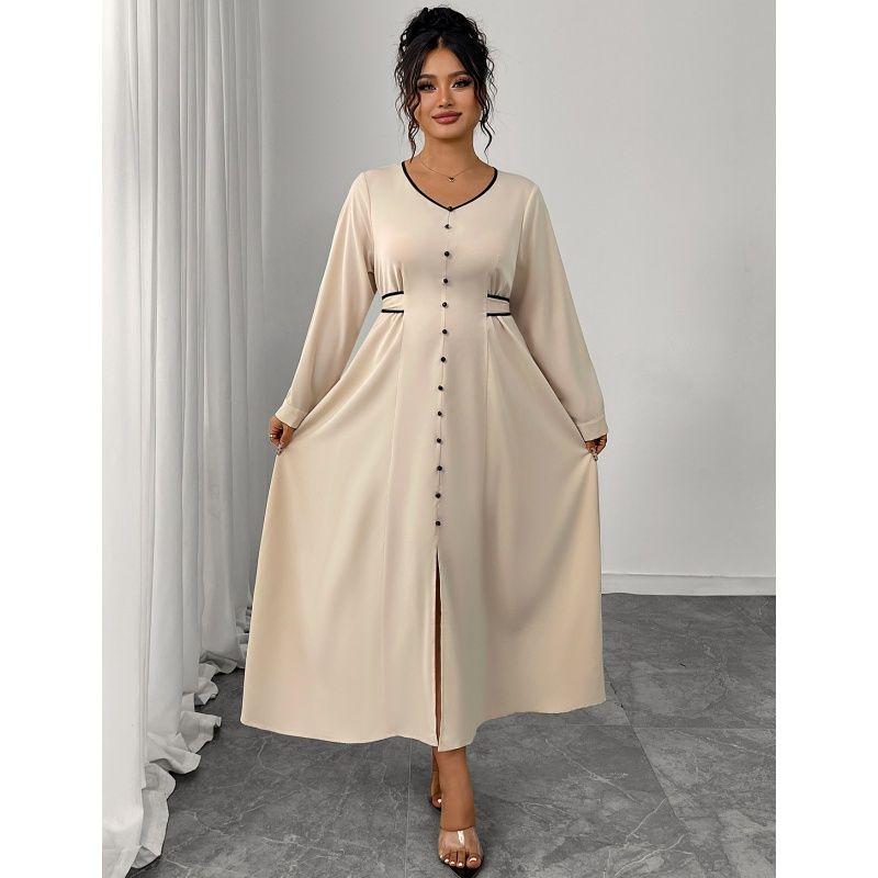 

Осеннее женское платье больших размеров XL-4XL с длинным рукавом Beige White 4XL