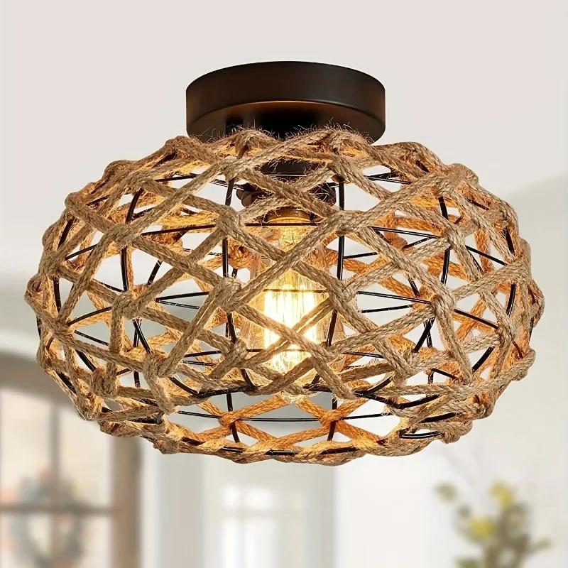 Hemp Rope Ceiling Light Fixtures Natural Woven Rattan Wicker Chinese Style Lampshade Hallway Decor Lighting Eco Friendly Lamp