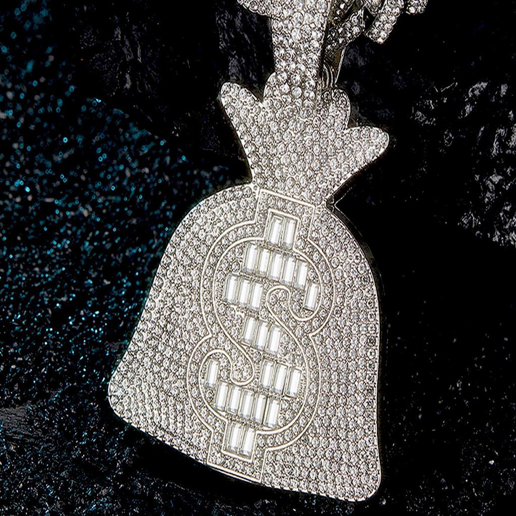 Alloy Personality Rock Sugar Diamond Dollar Coin Bag Pendant Rhombus Cuban Necklace Hip Hop Rap Jewelry