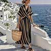 Women's V Neck Short Sleeve Maxi Dress Loose Fit Mid Waist Elegant Striped Wrap Dress