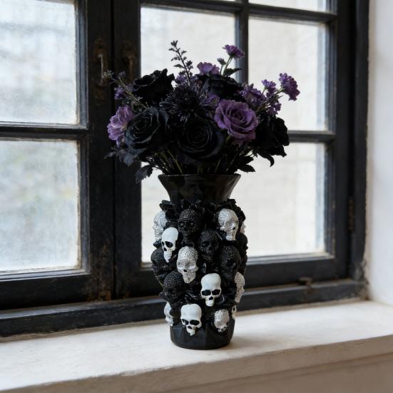 Gothic Skull Flower Vase Ornament Spooky Black White Skull Dried Artificial Flower Holder