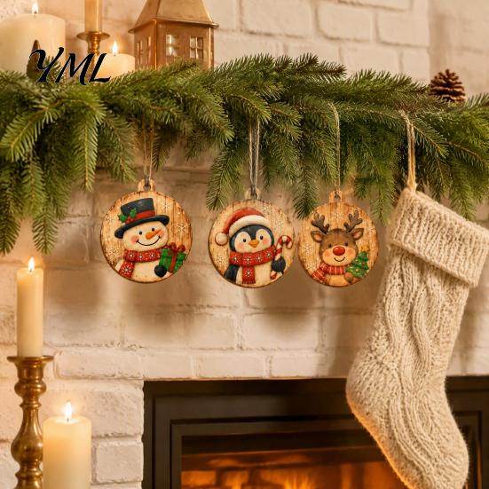 Holiday Party Hanging Decor 8Pcs Christmas Wooden Ornaments, Wood Slice with Santa, Garland Ornaments Snowman, Gingerbread, Reindeer Prints