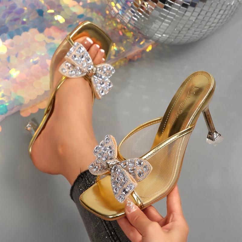 Fashion Luxury Gold Glitter Bowknot Decoration Slippers Women Mesh Strap Sandals Women 2025 Summer Sexy High Heels Party Dress Shoes