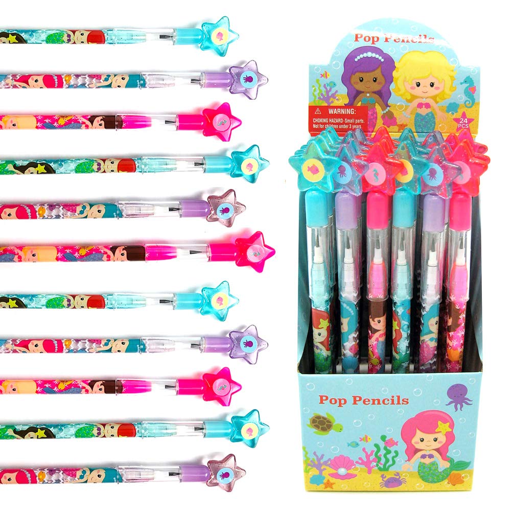 Tiny Mills Mermaid Stackable Push Pencil Set with Erasers and Shark Perfect for Birthday Carnival Favor Classroom and Pinata 24 Pencils per Pack