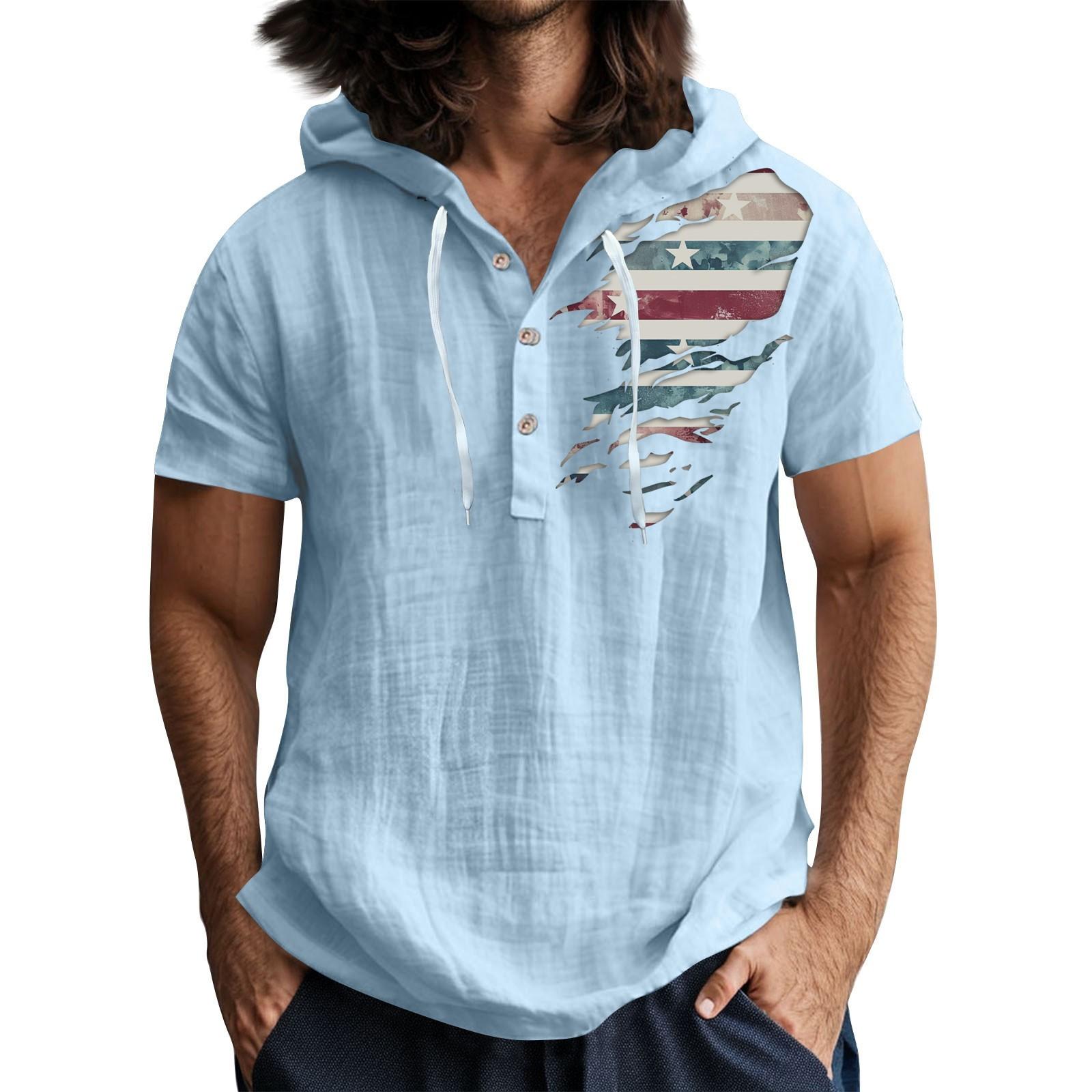 

Чоловіча повсякденна футболка з короткими рукавами та капюшоном, застібнута на ґудзики, з відкритим коміром XL