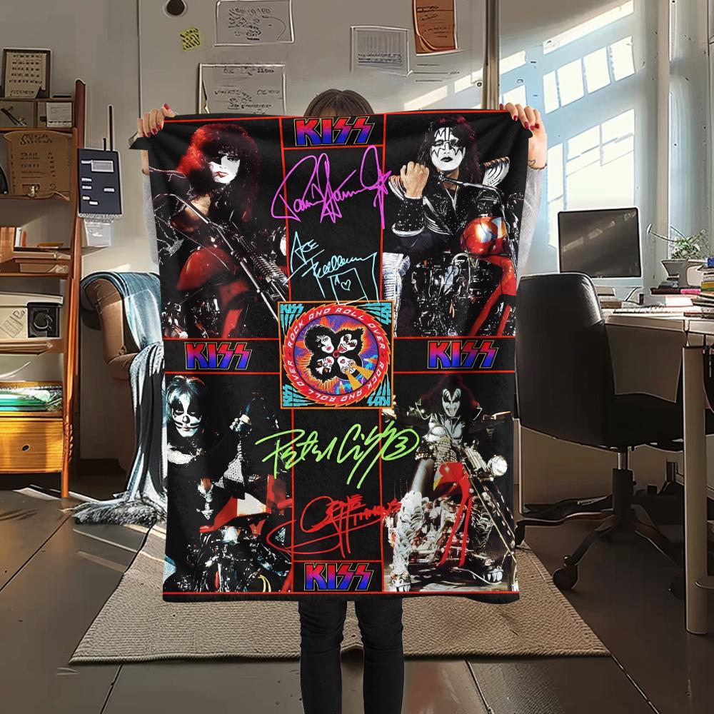 1Pc Rock Kiss Band Print Flannel Blanket, High Quality Comfortable for All Seasons, Home Decor, Warmth and Comfort, Perfect for Christmas Gifts