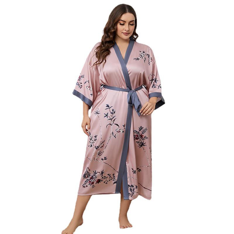 Übergröße Satin Sommer Pyjama & Bademantel Set für Damen - Leichter Luxus Eisseide
