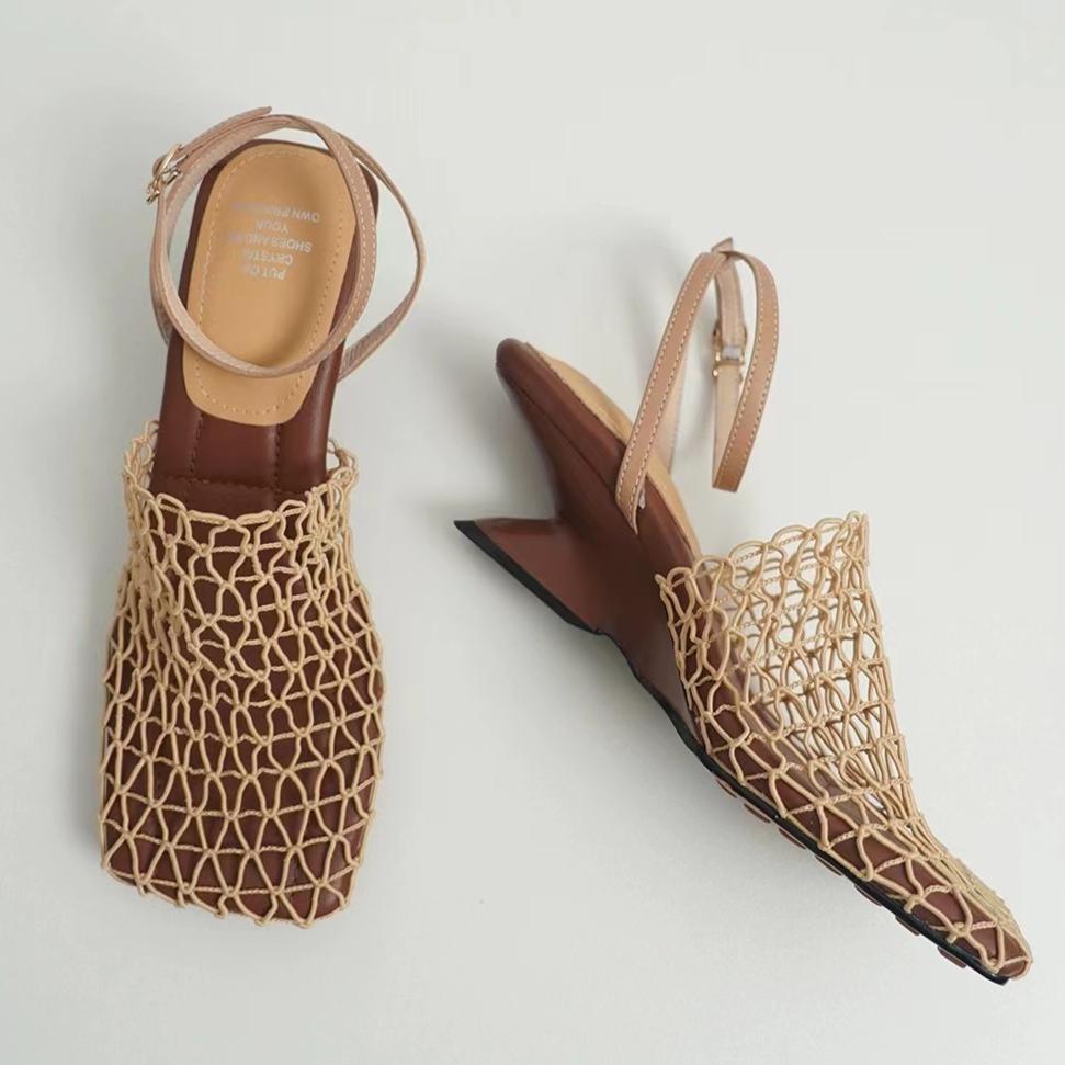 

Плетеные сетчатые женские босоножки на каблуке, туфли с полым высоким каблуком, женские с квадратным носком, с ремешком сзади, летний тренд 2025, пляжные туфли-лодочки, Sandalias Mujer 40 абрикосовый
