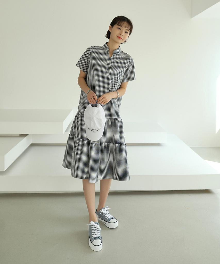 Ppaeppae Waffle Half-Open Check Long Dress
