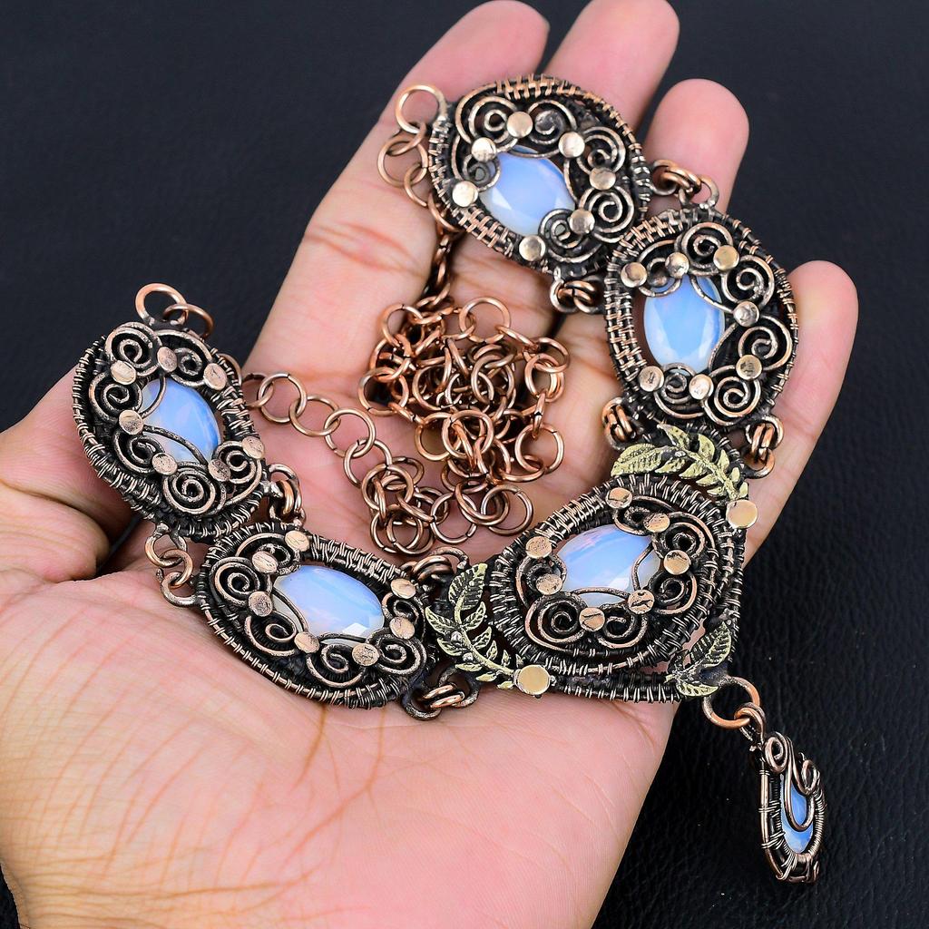 Milky Opal Necklace Gemstone Jewelry, 999 Copper Wire Wrapped Adjustable Chain Necklace, Gift For Women Handmade Necklace