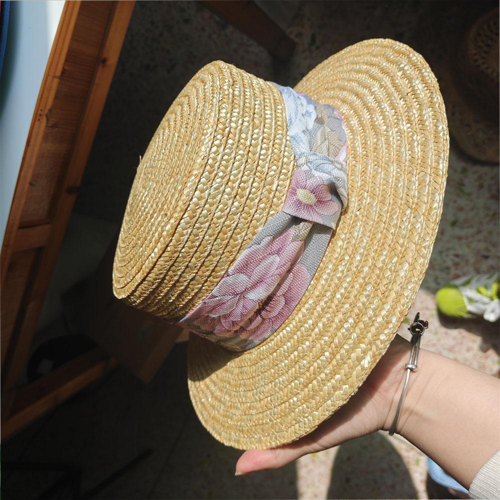 IG Französischer Vintage Weizenstroh Boater Hut Damen Sommer Flacher Oberteil Sonnenhut Handgefertigte Strand Panama Kappe mit Blumenschleife Urlaub 2026