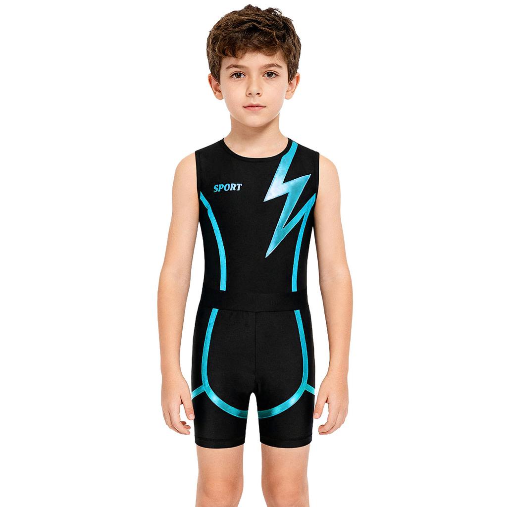 Boys Shiny Contrast Leotard Sleeveless Press Button Crotch Shorts Gymnastics Outfit
