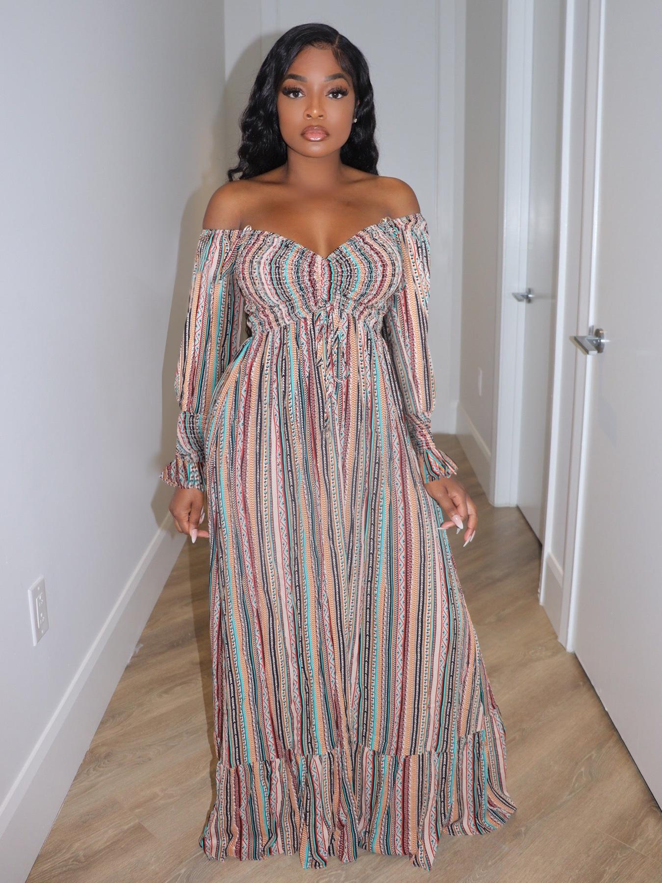 Autumn/Winter Women s Casual One-Shoulder Ruffled Striped Pleated Dress M