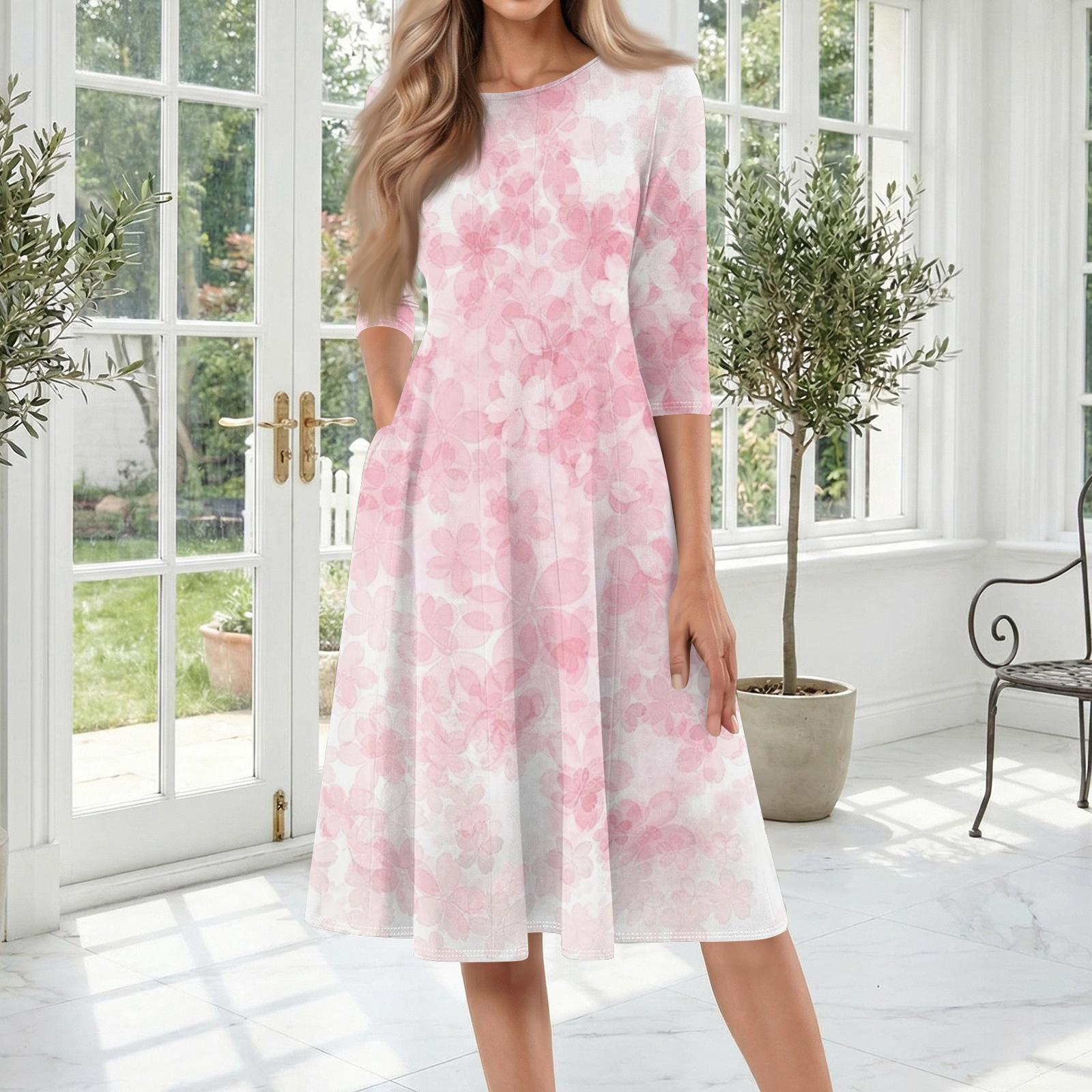 

Women Casual Round Neck Three Quarter Sleeve Floral Print Midi Dress with Relaxed Fit and Soft Fabric for Everyday Wear XXL красный