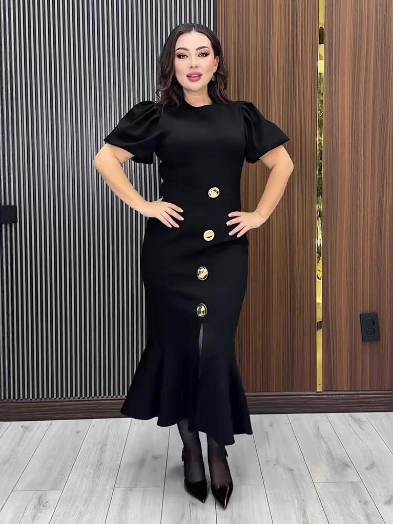 2025 Autumn Elegant Fishtail Dress - Solid Color, Short Sleeve, Slim Fit, Round Neck