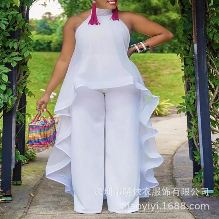 Women s Halter Sleeveless 2 Piece Outfit Loose Fit High Waist Solid Chiffon Ruffle Top Wide Leg Pants Set S