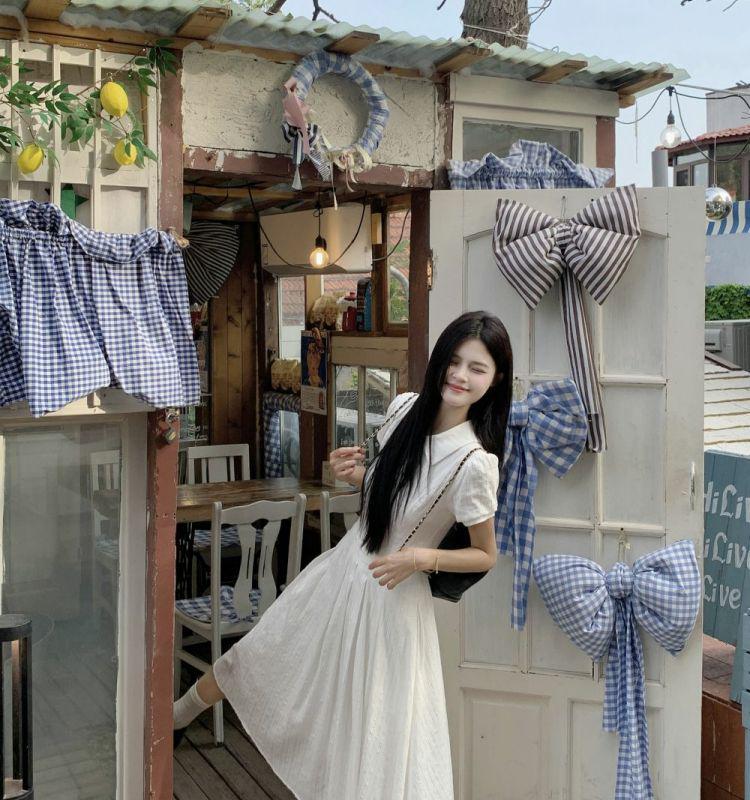 Women's White Puff Sleeve A-Line Dress - Slim Waist, Wide Hem, Chic First Love Style