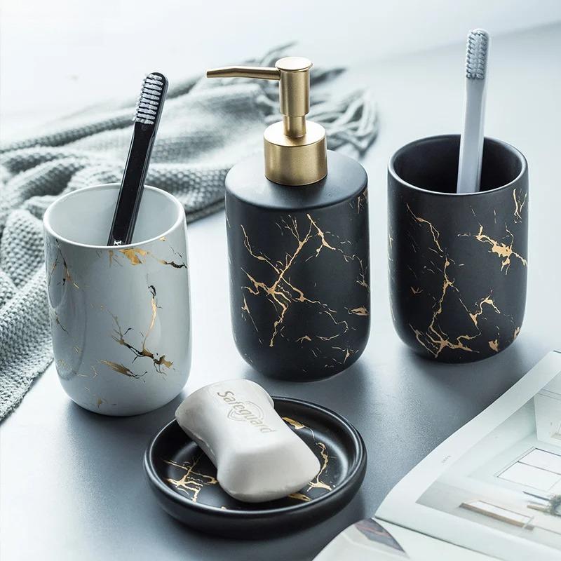 Nordic Matte Gold Ceramics Bathroom Accessories Set Soap Dispenser/Toothbrush Holder/Tumbler/Soap Dish luxurious Washing Set