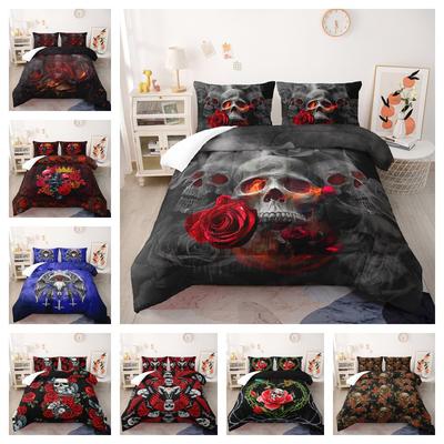 3D Flower Skull Head Bedding Set Gothic Horror Down Duvet Cover Pillowcase 2/3 Pieces Halloween Full Size Home Textile Men's Quilt Cover