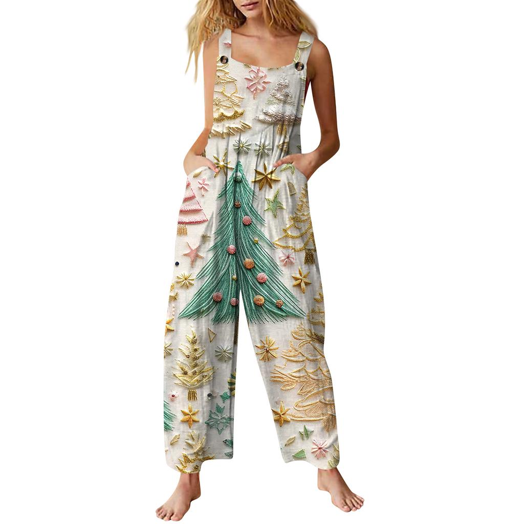 Women's Casual Jumpsuit Sleeveless Christmas Printed Cotton Jumpsuit