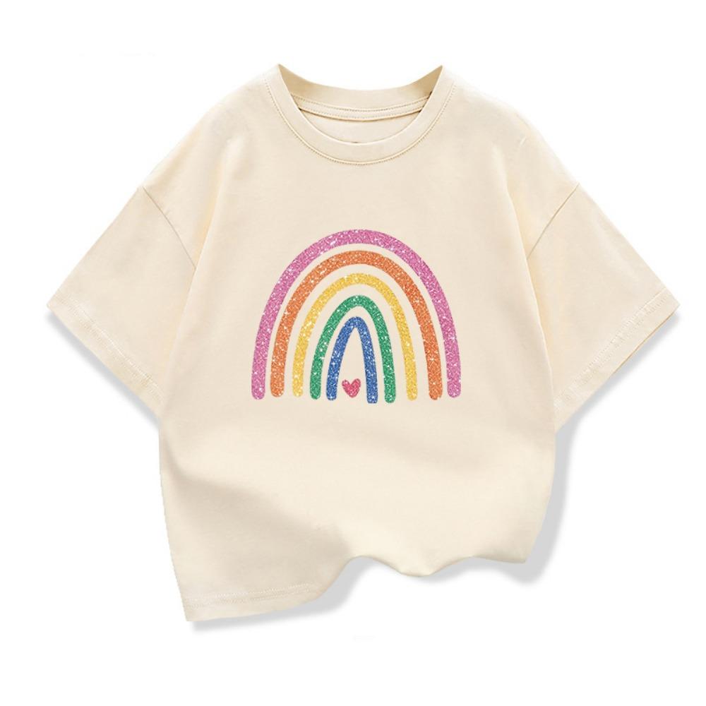 Baby Girl Summer White Clothes Kid Girls Casual Rainbow Printed T-shirts Children Fashion Crew Neck Short Sleeve Top