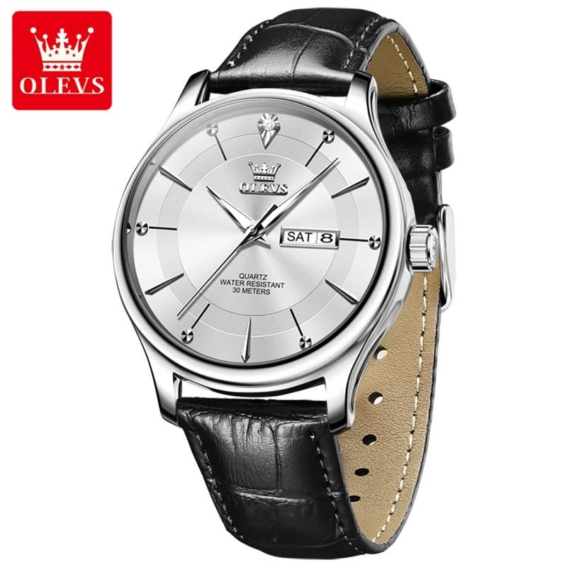 OLEVS Brand Fashion Quartz Watch Men Leather Strap Waterproof Luminous Week Date Business Mens Watches