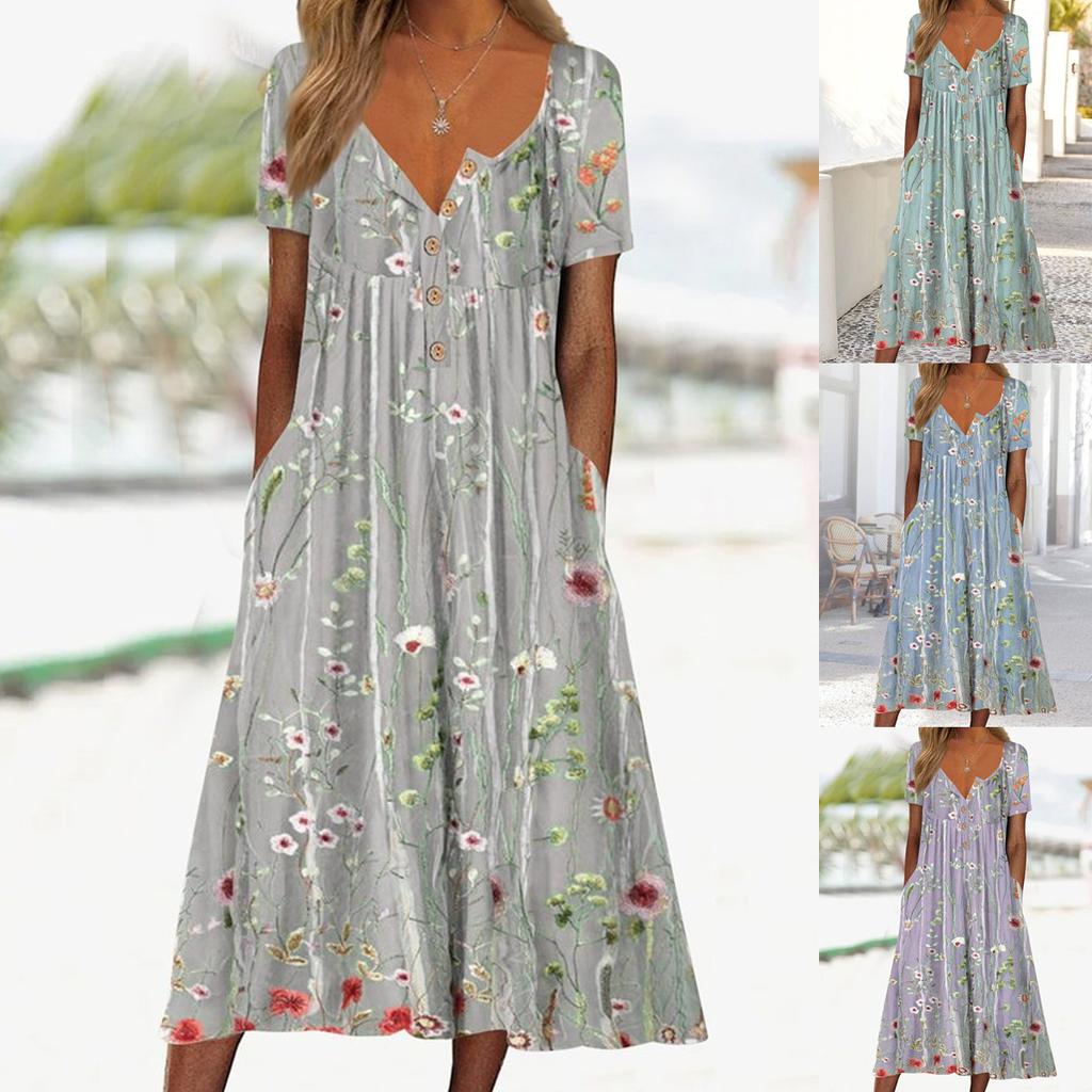 Women's Floral Print V-Neck Short Sleeve Button Front Casual Dress with Pockets