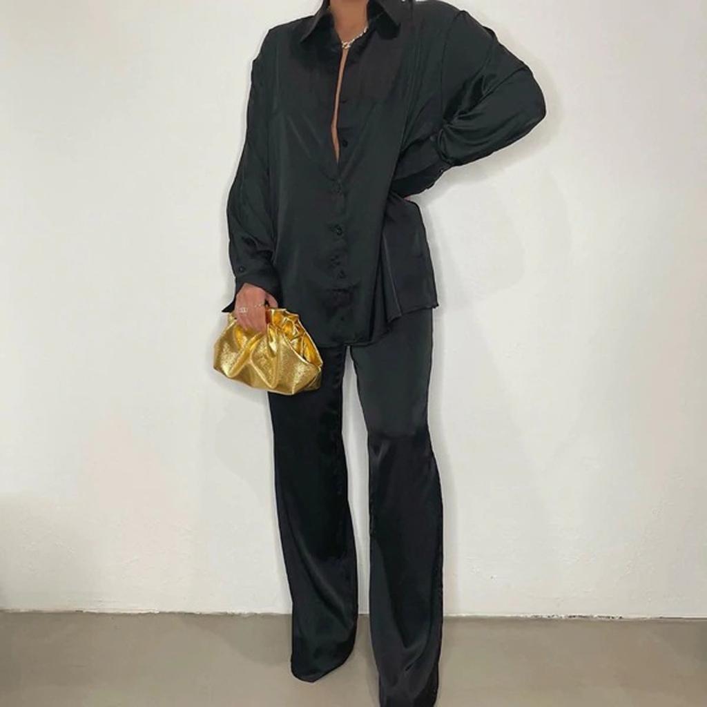 Satin-Simulationsseide, modisches Damen-Set mit lockerer Hemdhose und gerader Hose