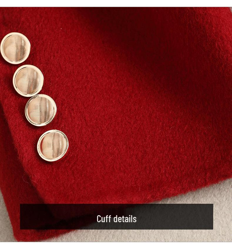 2025 Spring Women's Red Woolen Double-Sided Long Coat with Waist-Defining Design