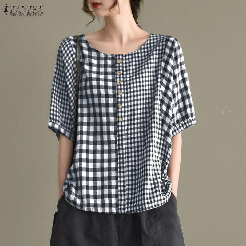 ZANZEA Women Casual Plaid Print Loose Half Sleeve Blouse