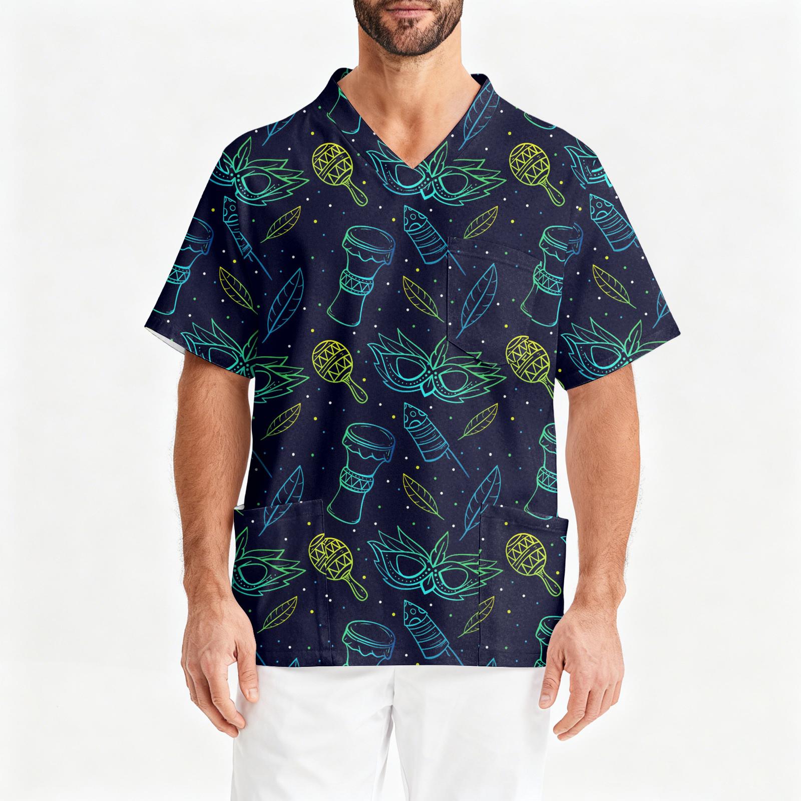 

Men s Printing Short Sleeve V-neck Working Blouse Chest Pocket Carer Top L