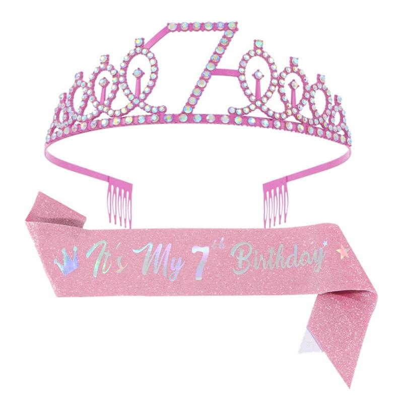 Birthday Princesses Tiaras Set With Rhinestones Crowns Sash Hair Accessory For Girls Party Celebration