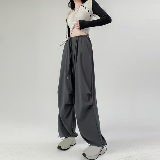 Women Cargo Pants Elastic High Waist Adjustable Drawstring Long Trousers Solid