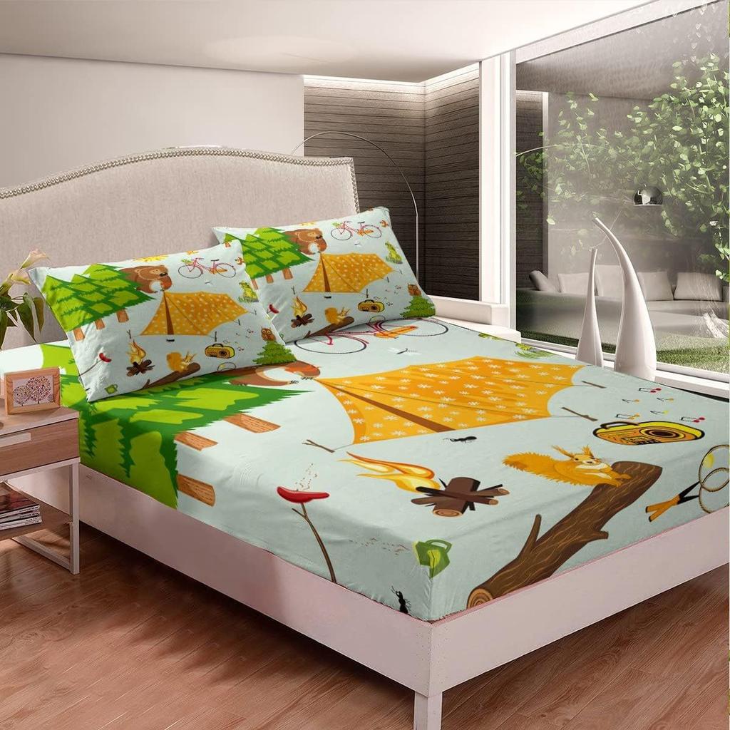 Wild Animal Camping Pattern Bed Hat Four-Piece Bedding Set Bedroom Dormitory Bedding Decoration