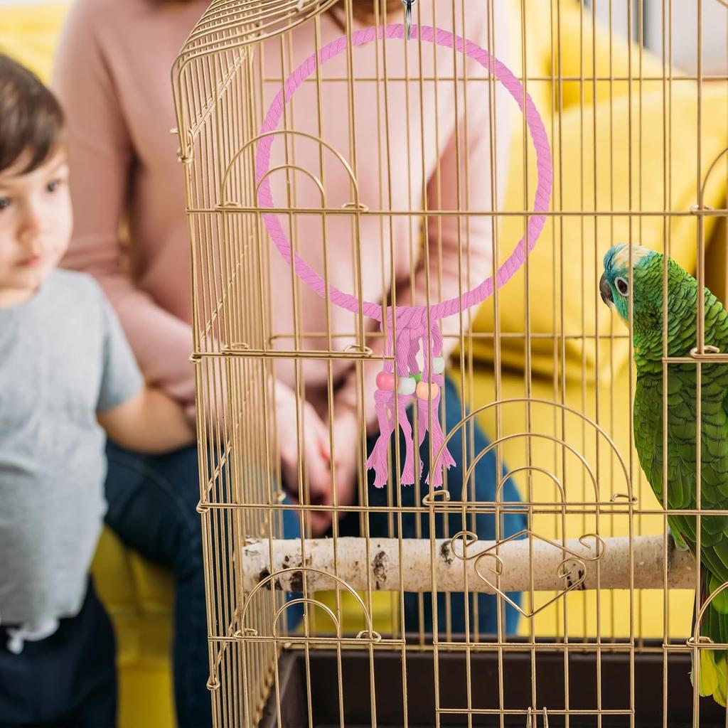 Bird Swing, 20 CM Diameter Hanging Parrot Swing with Colourful Beads, Swing Parrot Toys Cotton Rope Ring Bird Cage Toys for Budgie, Cockatiel,