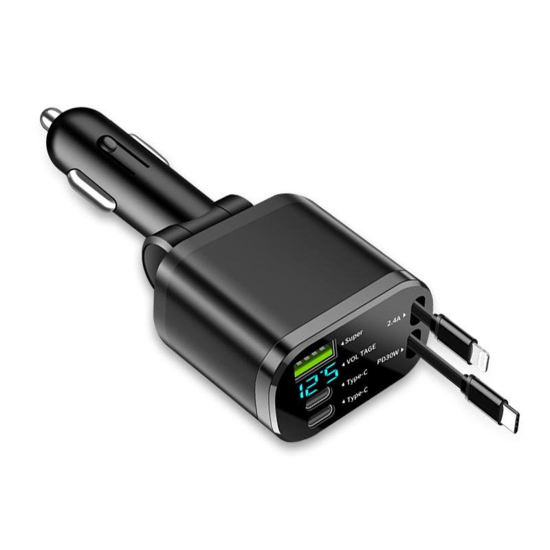 Five-in-One Car Charger with Digital Display and Retractable Cable, PD Fast Charging, and Cigarette Lighter Adapter
