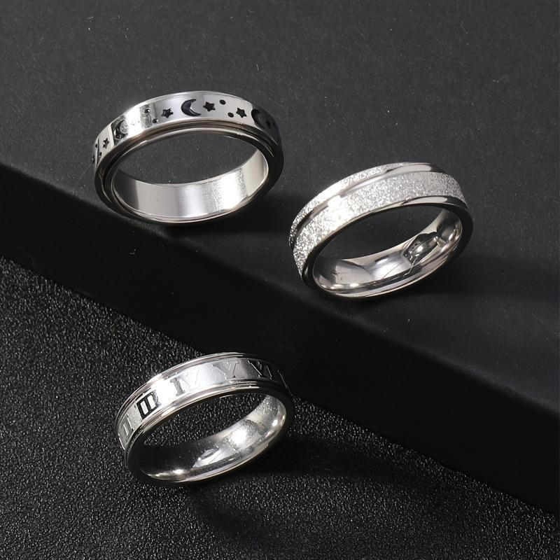Stainless Steel Jewelry Creative Design Corroded Roman Font Star and Moon Ring Titanium Steel Ring Three-piece Set