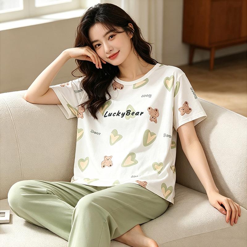 Straight Batch Sweet Cartoon Pajamas Women's Summer Crew Neck Short Sleeve Three-piece Comfortable Cotton Large Size Loungewear Tide