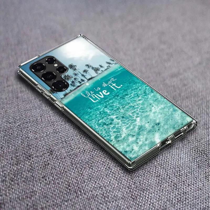

Summer Beach Scene at Sunset on sea Palm Tree Clear Phone Case for Samsung Galaxy S21 Plus S24 S23 S20 FE S22 S26 Ultra S25 Edge Samsung S22 Ultra