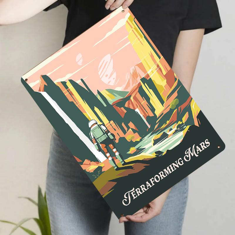 

Astronaut Exploring Mars Canyon Metal Wall Art Sci Fi Planet Decor Vintage Space Theme Home Decoration 20x30cm（7.8x11.8inch）