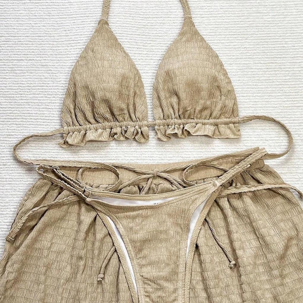 European & American Sexy Solid Color Three-Piece Bikini Set - Special Fabric Women's Beachwear for Vacation