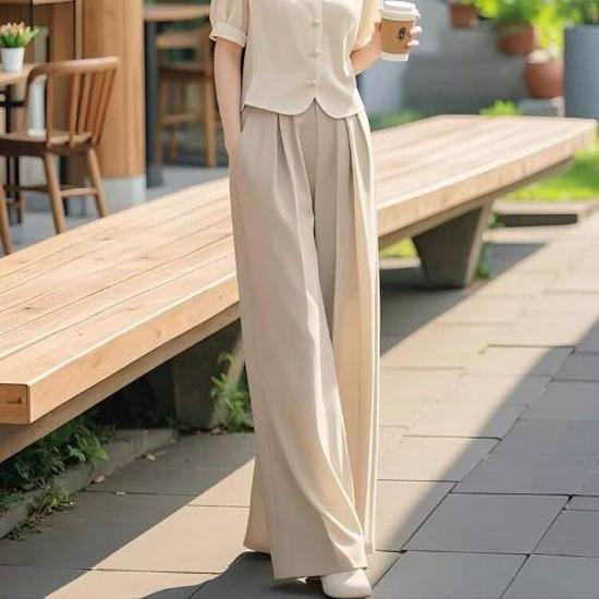 Apricot Top & Wide-Leg Pants Two-Piece Set: Professional, Timeless Summer Outfit for Women