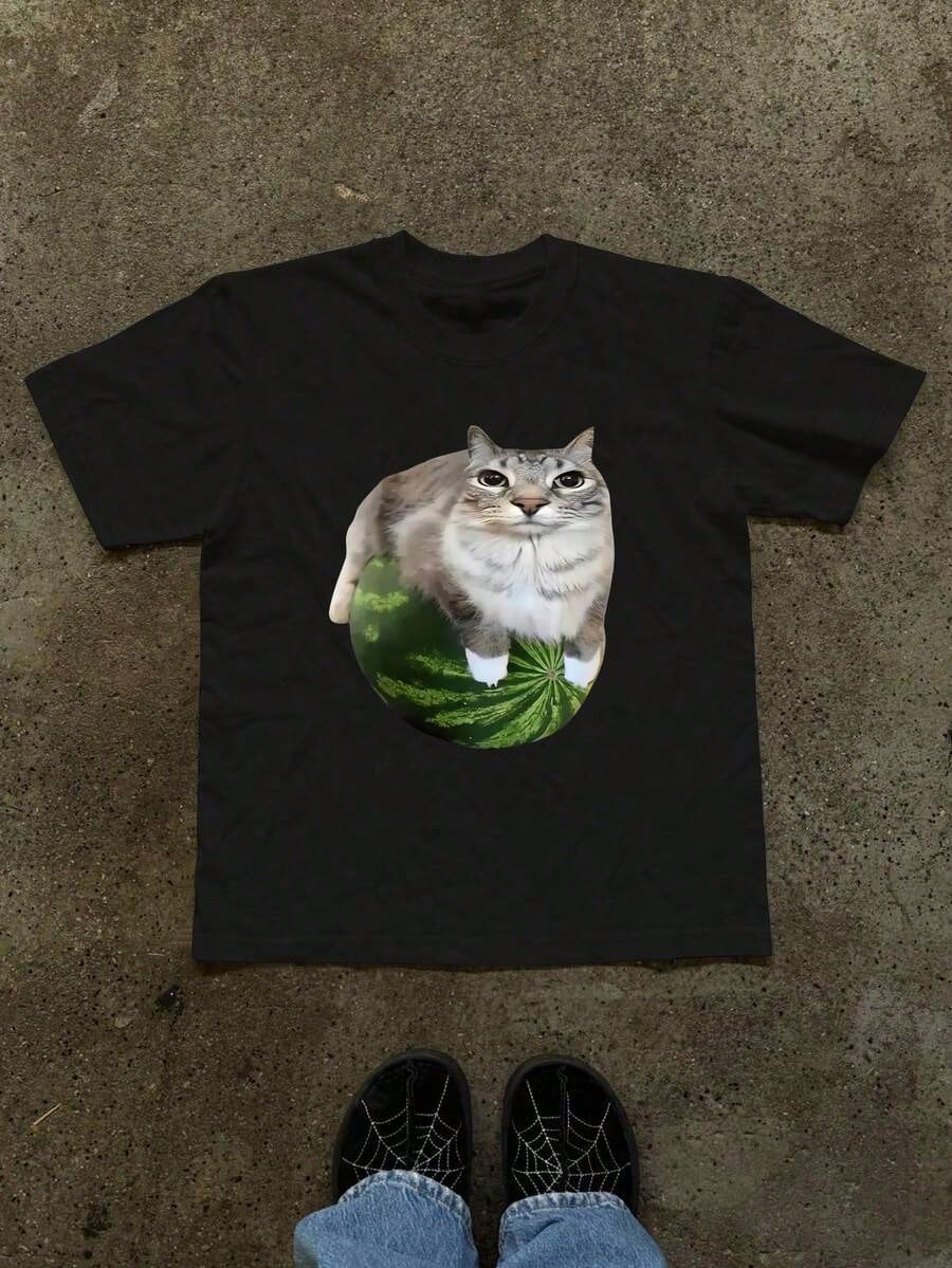 Watermelon Cat Funny Expression Graphic T-Shirt, One Piece Of Humorous Watermelon Print Women Tee S разноцветный