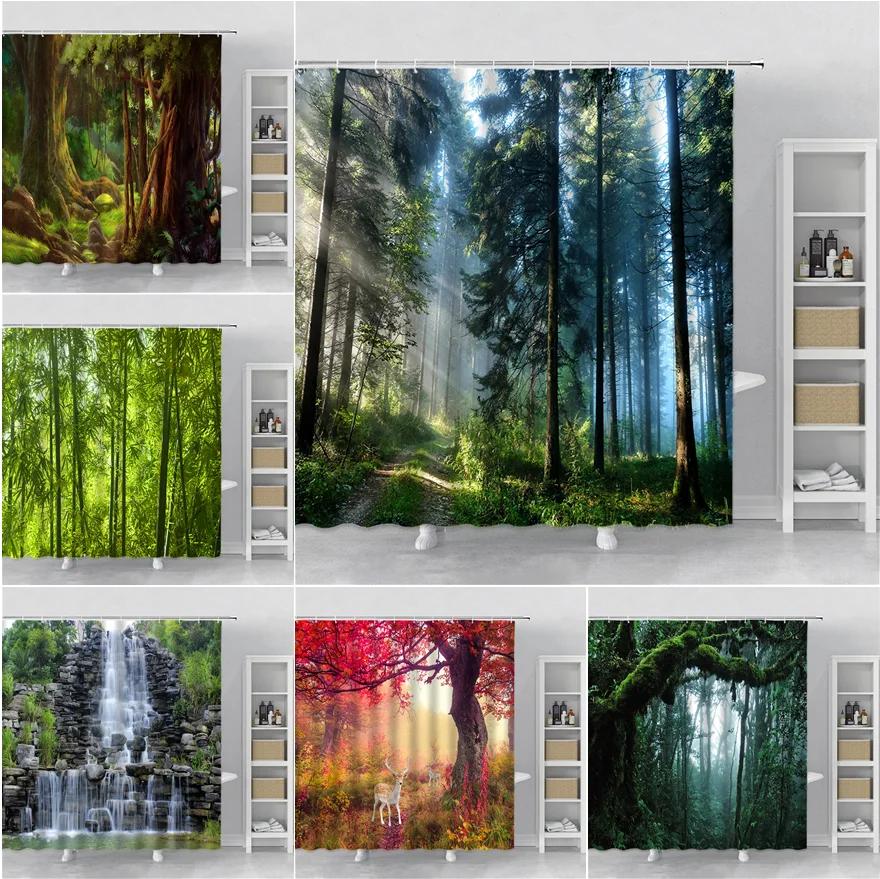 Forest Landscape Shower Curtain Sunshine Waterfall Green Bamboo Mist Jungle Autumn Scenery Bathroom Curtains Bathtub Decor Hooks