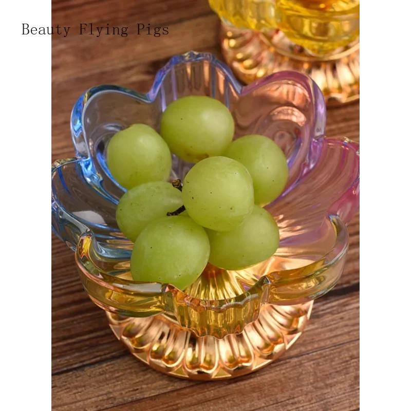 1PCS Glass Alloy Lotus Flower Fruit Tray for Household Use Buddha High Foot Fruit Tray Living Room Decoration Feng Shui Ornament