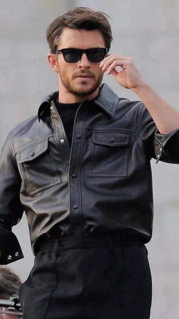 Ledig Formell Handgjord Äkta Mjukt Lammskinn Läder Stilfull Svart Herrskjorta