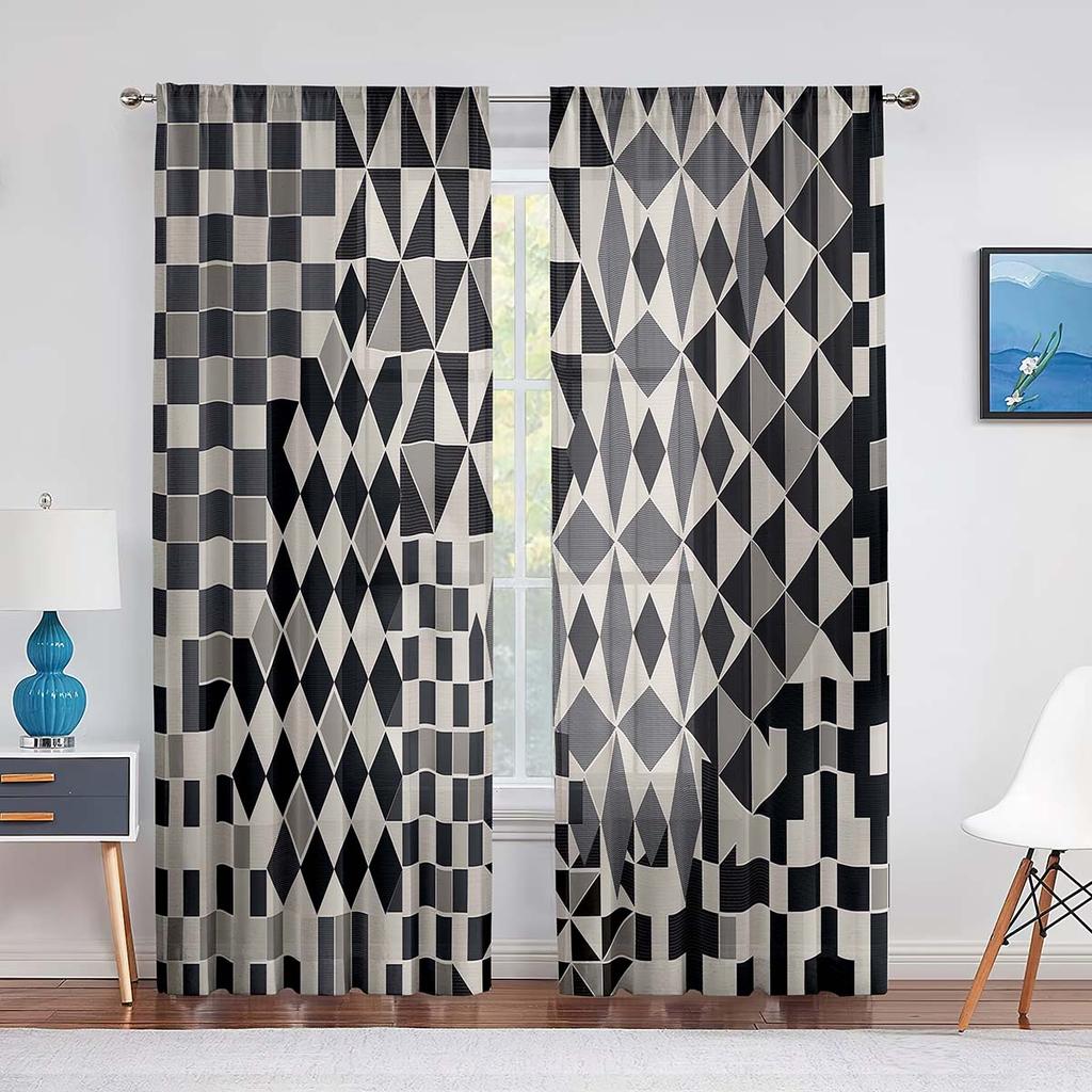 Niebieska Geometryczna Kwadratowa Przezroczysta Woalowa Zasłona do Kuchni Salonu Sypialni Dekor Nowoczesne Abstrakcyjne Tiulowe Zasłony Obróbka Okna