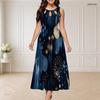 Women Plus Size Round Neck Triple Keyhole Cutout Sleeveless Printed Navy Blue Long Dress