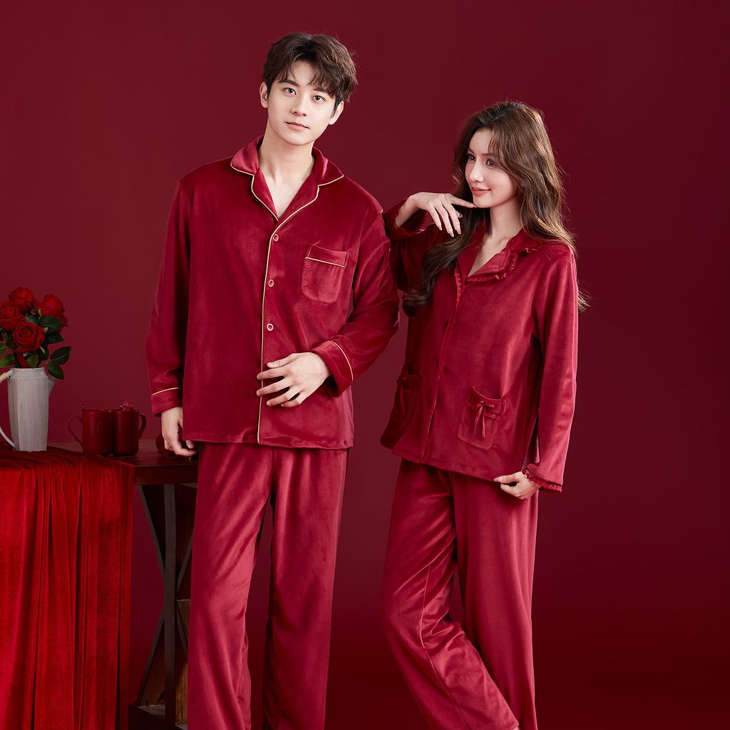 Wedding pajamas newlywed couple suit women's autumn and winter red island fleece warm flannel men's loungewear